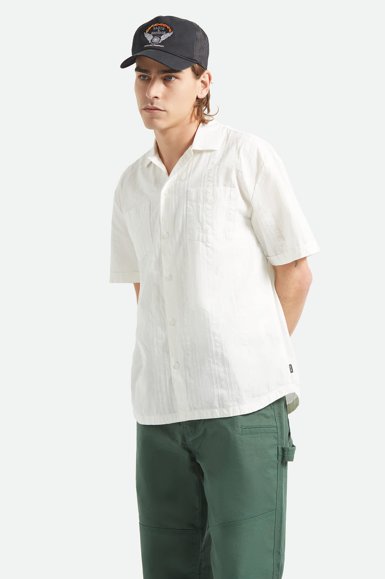 Vintage Short Sleeve Shirt - Off White Jacquard Stripe - Image 2