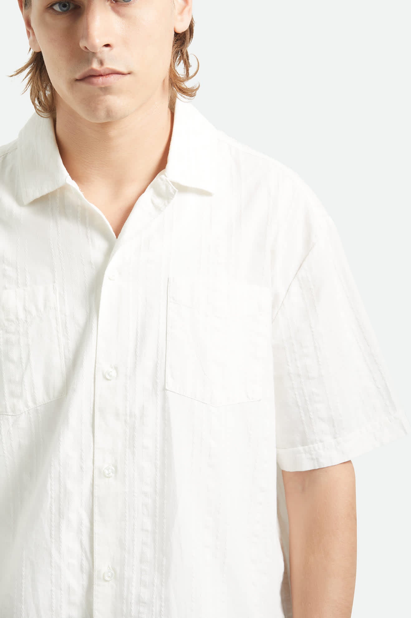 Vintage Short Sleeve Shirt - Off White Jacquard Stripe - Image 5
