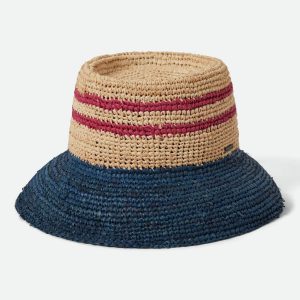 Ellee Straw Bucket Hat - Natural/Navy/Red